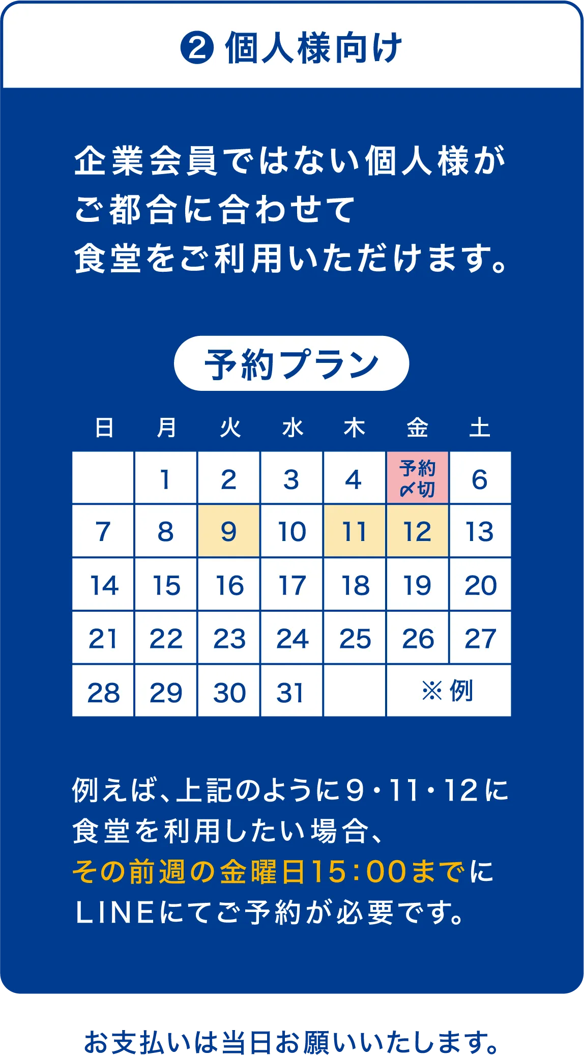 個人様向け予約 企業会員ではない個人様がご都合に合わせて食堂をご利用いただけます。予約日の前週の金曜日15時までにLINEで予約が必要です。